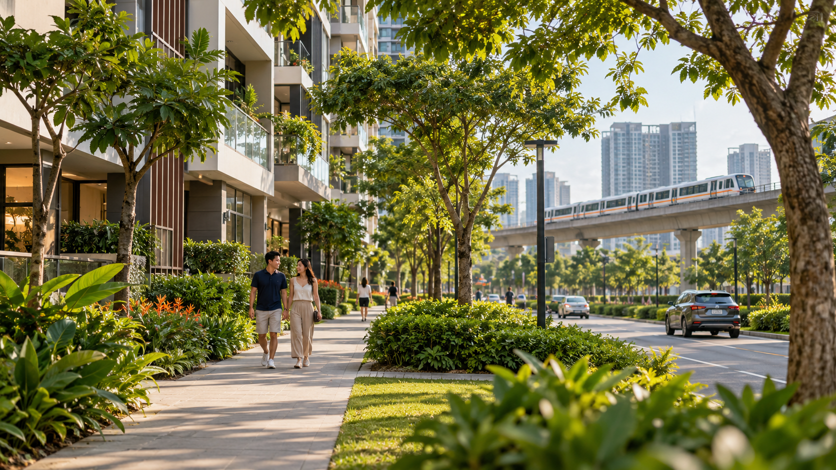 Residential neighbourhood with a pedestrian walkway and elevated train.