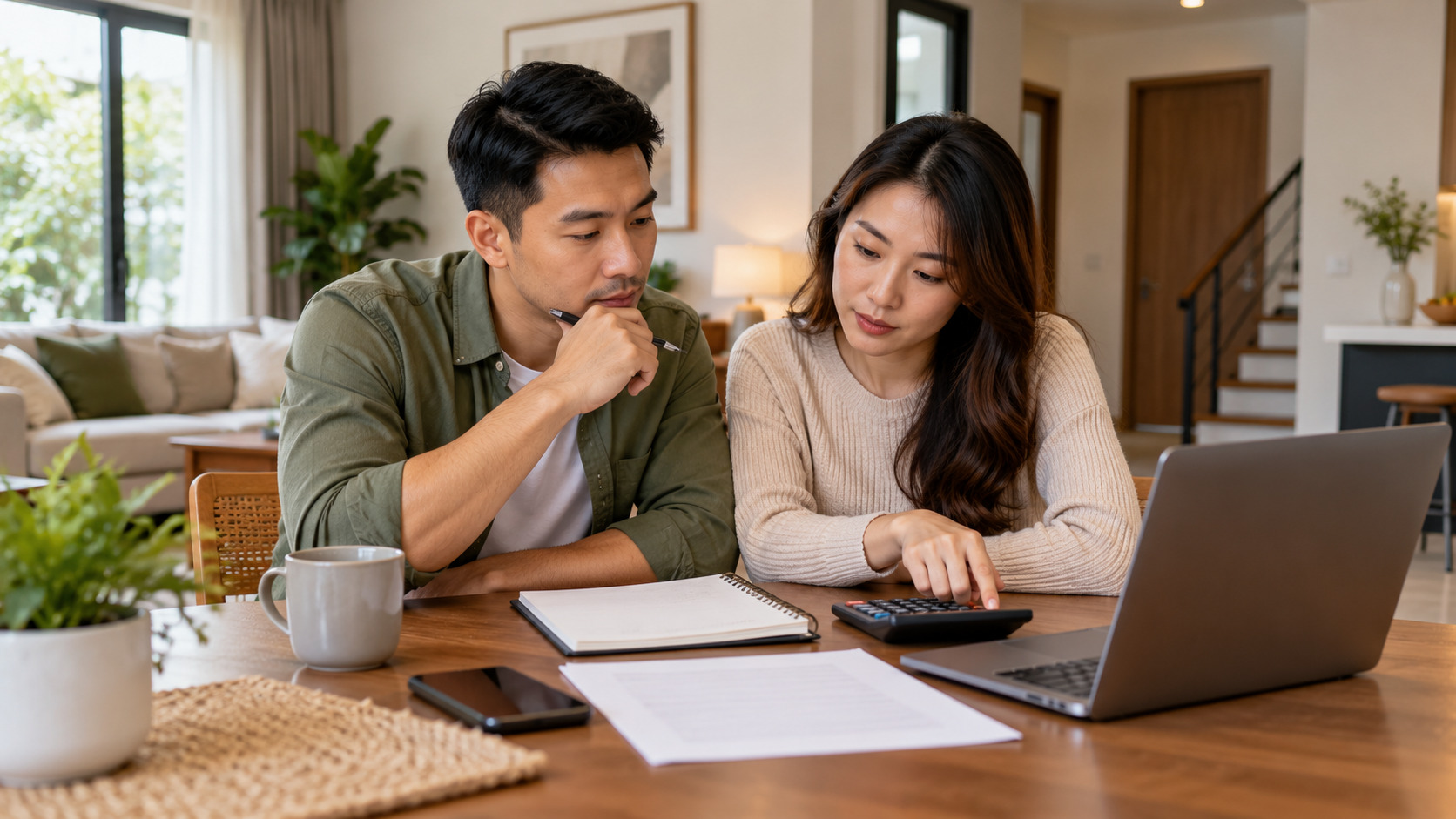 Couple reviewing a household budget with a calculator and laptop