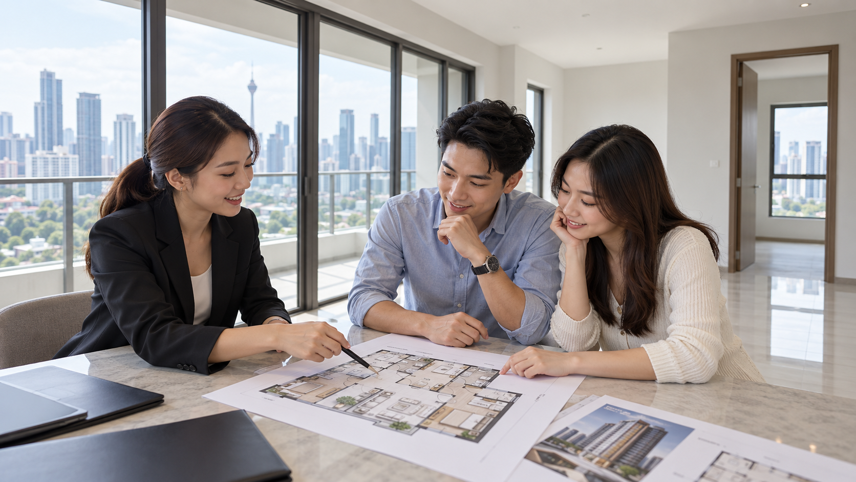 Malaysian couple reviewing an apartment floor plan with a property agent.